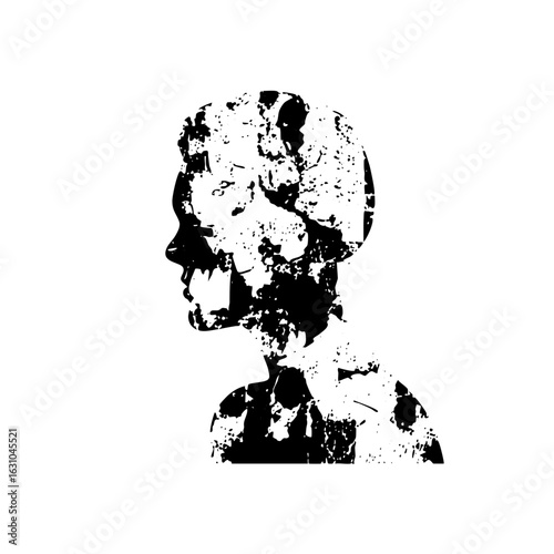 Vector Distressed silhouette of a screaming womans profile.