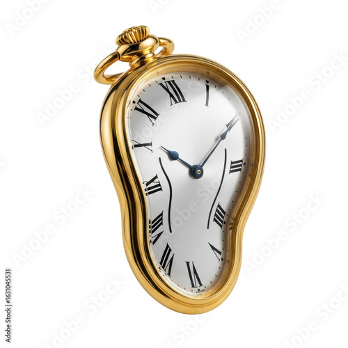 A golden pocket watch with a fluid, melting appearance and roman numerals, symbolizing the abstract nature of time and surrealism.