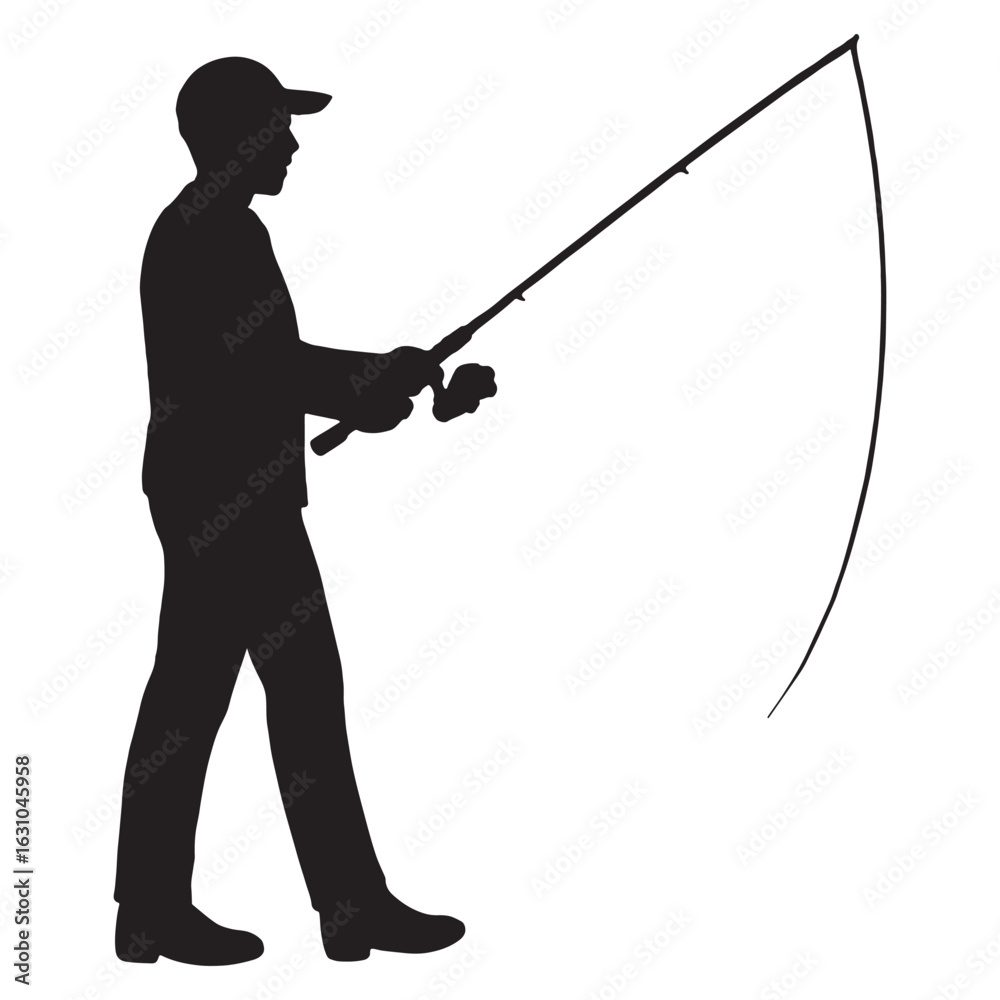 Obraz premium Fisherman with Rod Black and White Silhouette