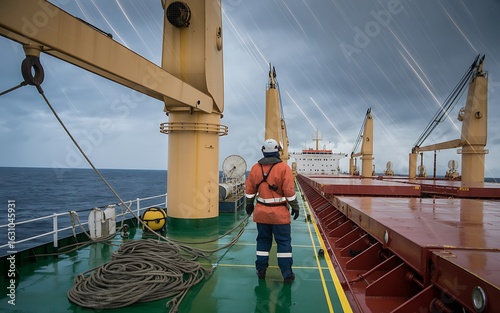 Maritime crew member supervising operations on a large cargo ship deck during overcast weather conditions