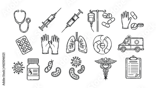 A comprehensive set of hand-drawn medical and healthcare doodle icons, including syringes, lungs, and viruses