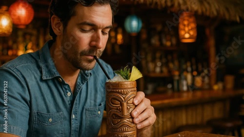 Man sipping tiki drink at tropical bar. Use for travel, cocktail branding, island lifestyle and summer marketing

