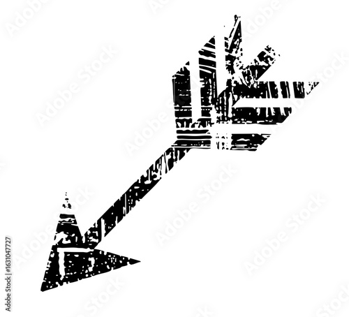 Vector Abstract distressed arrow points downward with textured effect.