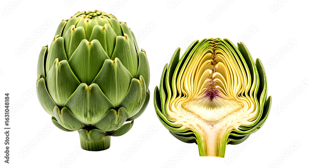 Obraz premium Whole and Halved Green Artichoke isolated on a transparent background image