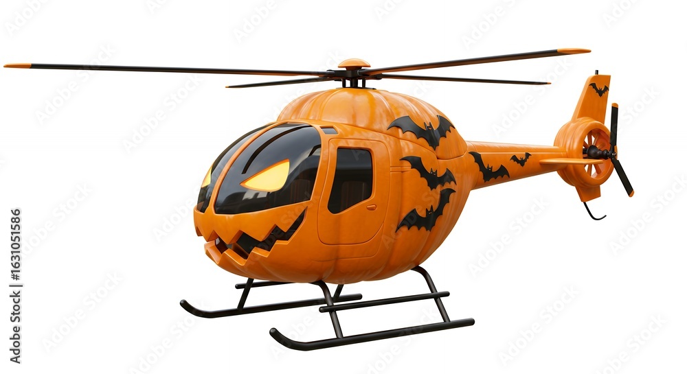 Fototapeta premium Halloween orange helicopter decorated as pumpkin