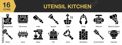 Utensil Kitchen solid icon set. Includes home, fork, cook, knife, utensils, and More. Solid icons vector collection.