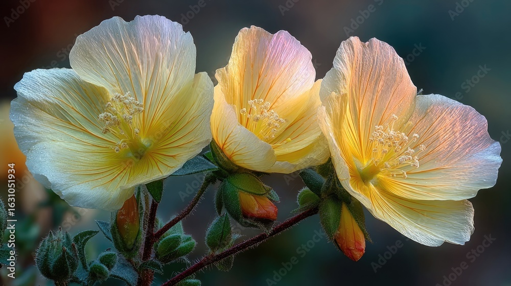 Fototapeta premium Close-up of three pale yellow flowers