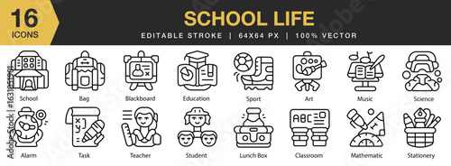 School Life icon set. Editable Stroke Icon Collection. Includes education, study, school, young, student, and More. Outline icons vector collection.
