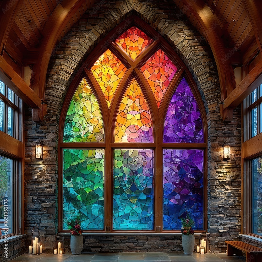 Fototapeta premium Rainbow stained glass window in a stone chapel