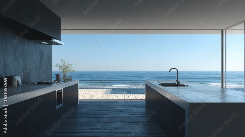 Fototapeta premium Contemporary open-concept kitchen overlooking the ocean with minimalist design, natural lighting, marble countertops