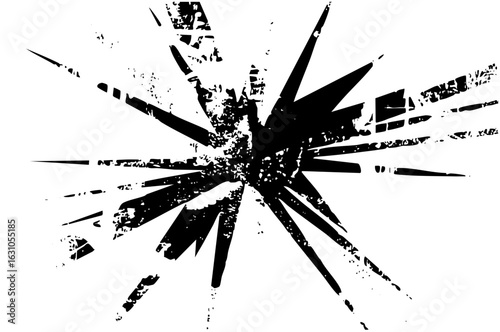 Vector Dynamic burst of fragmented shapes radiates from a central point.