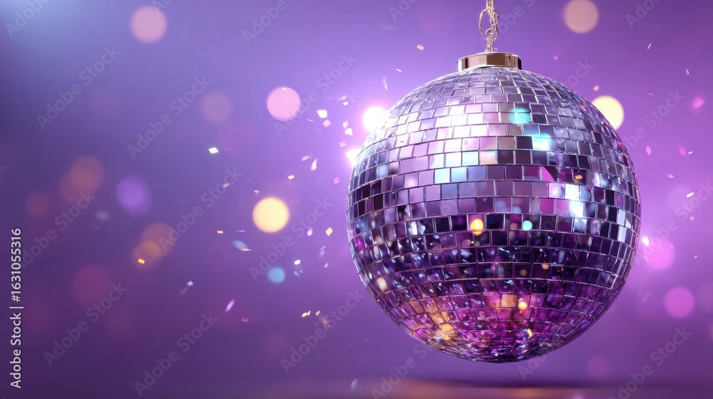 Obraz premium Shiny Disco Ball with Colorful Reflections – Retro Party Vibes on Purple Background
