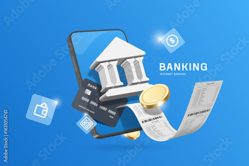 Paper receipt or invoice flows out from bank icon on smartphone screen for designing advertisement for online payment via internet banking or online transactions, vector 3d illustration for design