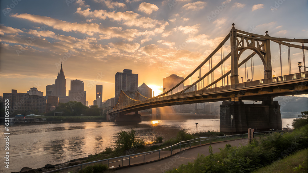 Fototapeta premium Street Bridge in Pittsburgh skyline sunrise setting