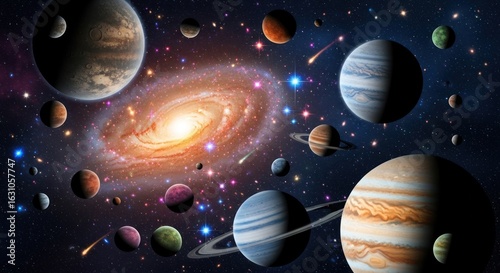 Colorful planets and galaxy illustration, cosmic scene with stars, comets