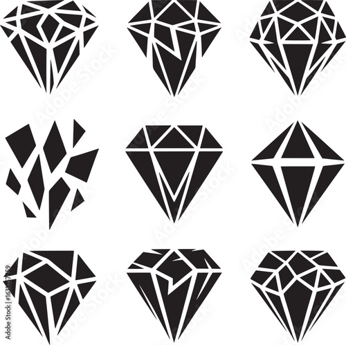 Collection of nine stylized black diamond icons with geometric facets