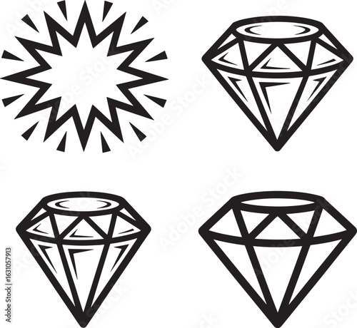 Four stylized diamond icons featuring sparkle and geometric facets