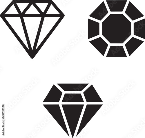 Three stylized black diamond icons representing gemstones and luxury