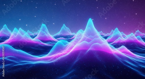 Glowing mountain range with starry sky, vibrant neon colors, and ethereal atmosphere