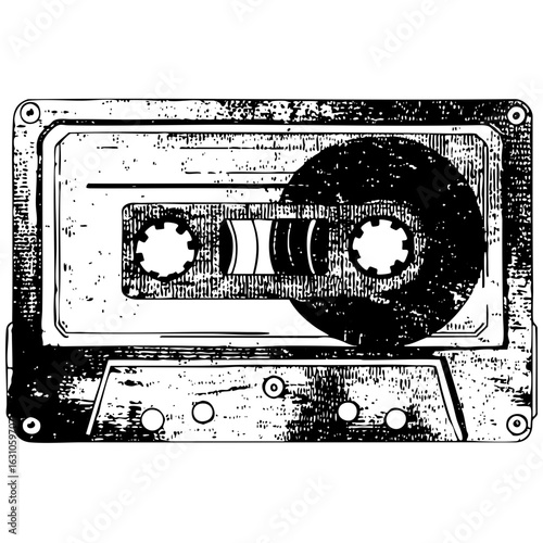 Vector Vintage cassette tape with detailed spools and textured .