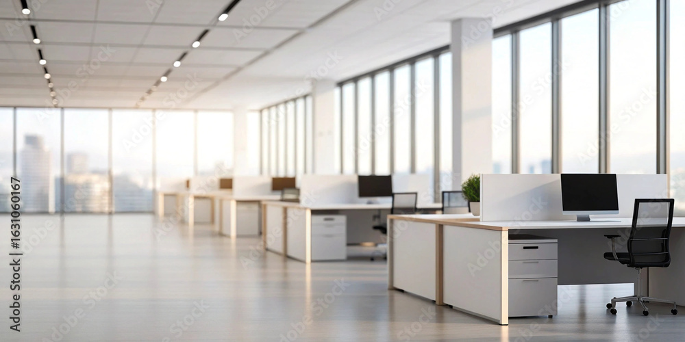 Fototapeta premium Modern Office Interior – Workspace, Architecture, Lighting, Minimal Design, Corporate, Business, Desk, Technology, Professional, Furniture, White, Contemporary, Office Building, Interior Design, Glass