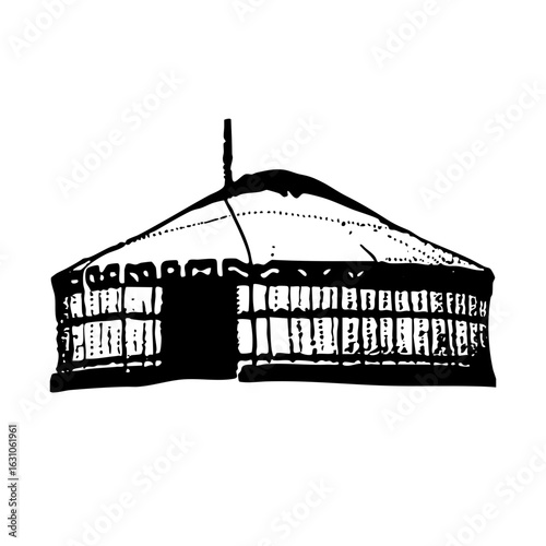 Vector Detailed of a historic fortress with arched windows and a conical roof.