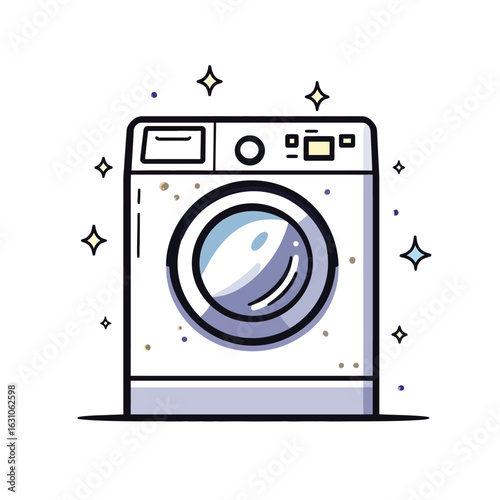 Cartoon Washing Machine Icon with Stars, Illustration of Laundry Appliance Isolated