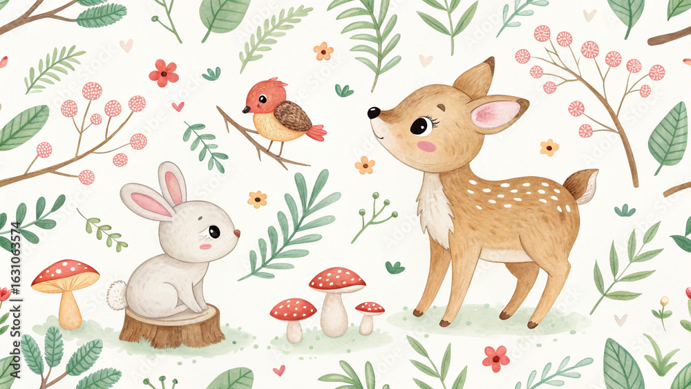 Naklejka premium Cute woodland animals deer bunny bird seamless pattern forest watercolor illustration design background art