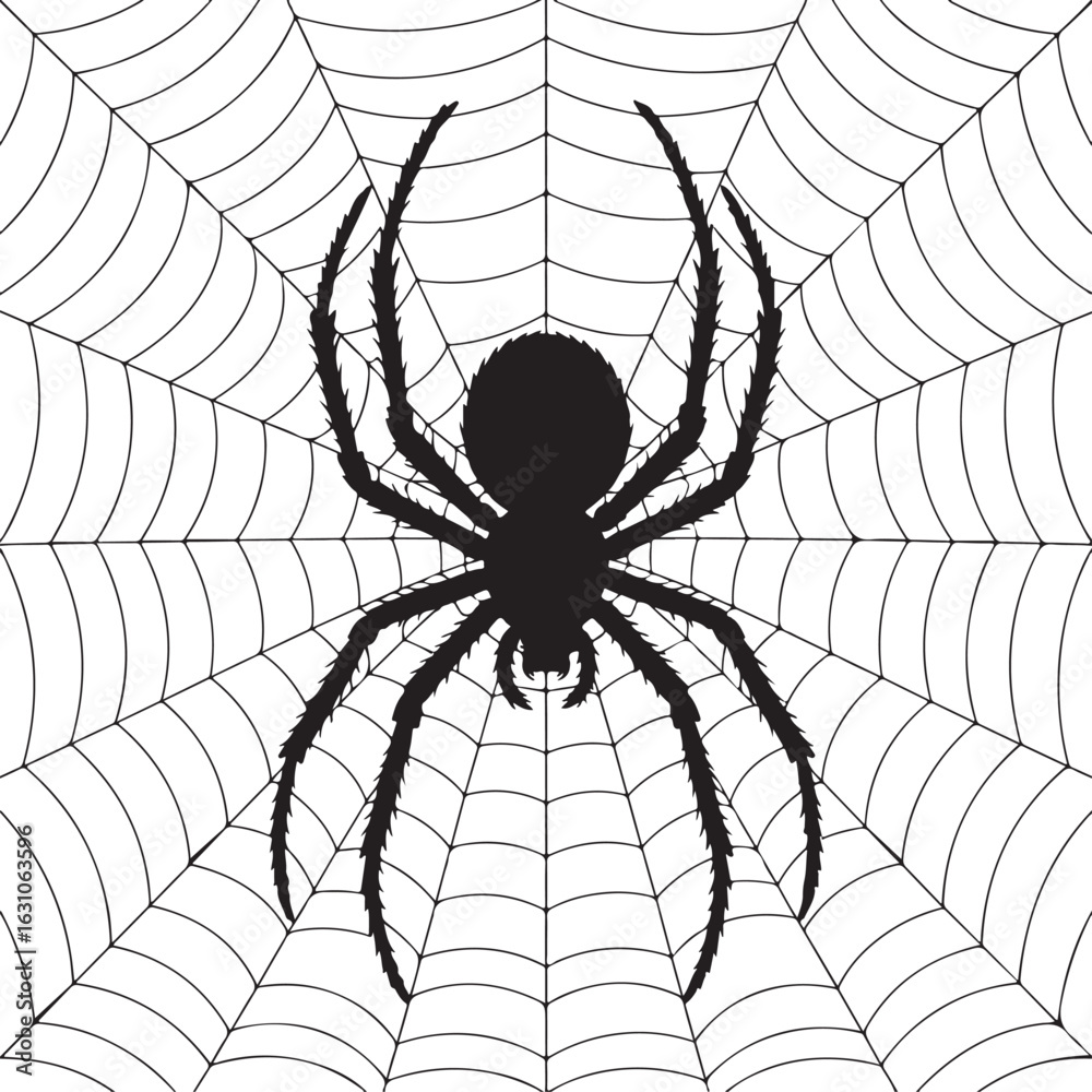 Obraz premium Spider, on, web, silhouette, vector, black, white, isolated, illustration, halloween, spooky