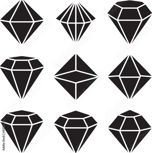 Collection of nine distinct black diamond icons with varying facets and cuts