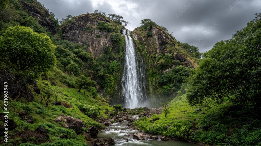 Majestic Waterfall Cascading Down Lush Green Mountainside Majestic Waterfall Cascading Down Lush Green Mountainside