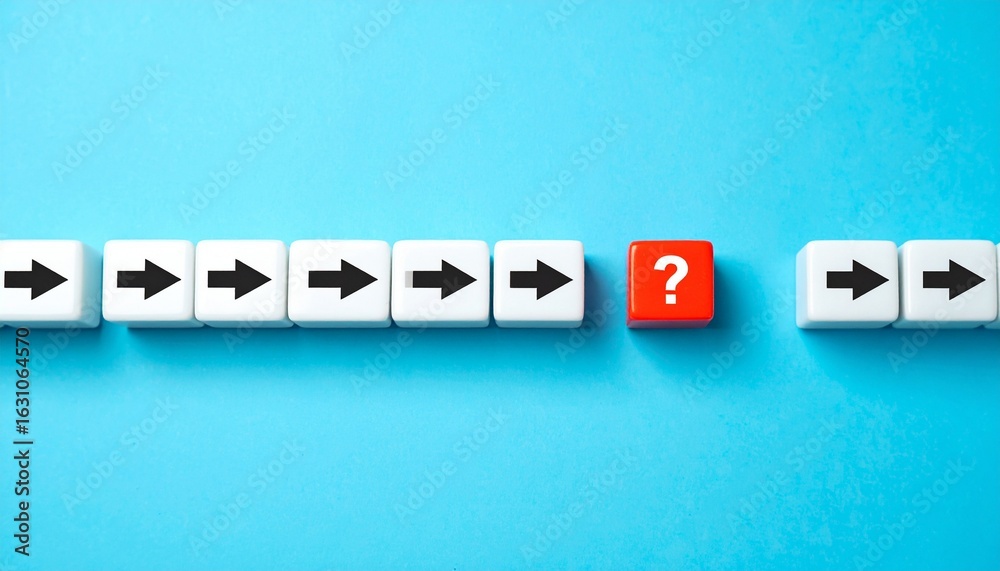 Obraz premium Divergent Thinking: Conceptual Row of Arrow Blocks Interrupted by a Question Mark, Emphasizing Uncertainty and Problem Solving on Blue Backdrop