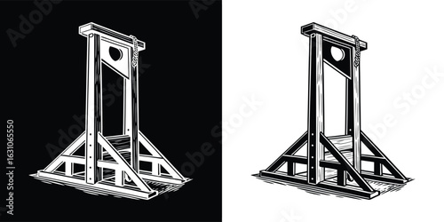 Vintage guillotine execution instrument, a historical symbol of punishment and revolution, depicted in monochrome
