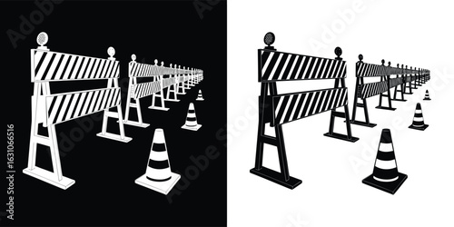 Construction barriers and traffic cones lined up, creating a visual perspective of a road closure or work zone, isolated on white background