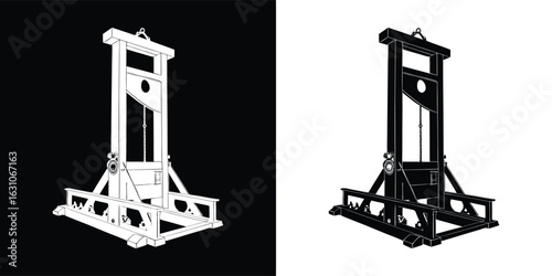 Illustration of a guillotine, a historical execution device with a large blade and wooden structure, depicted in silhouette