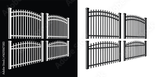 Collection of black and white wrought iron fence and gate designs featuring curved tops and ornamental details