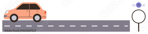 Orange car driving on a gray road marked with dashed lines adjacent to a magnified round sensor shape. Ideal for themes thumbs up transport, technology, road safety, navigation, innovation