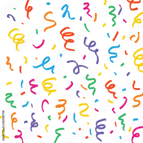 Birthday confetti seamless pattern background. Birthday decoration confetti, ribbon element, cute seamless pattern. Fun carnival color abstract decoration element background. Vector illustration.