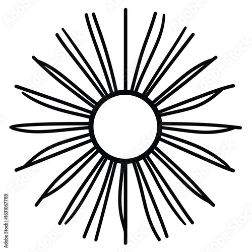 Geometric sunburst pattern. Radial rays emanating from round center on white
