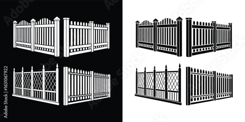 Set of various fence and gate designs in black and white, showcasing different styles and patterns