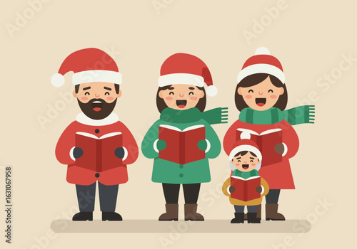 Cheerful family of carolers singing from songbooks. A festive Christmas concept of holiday tradition and togetherness.