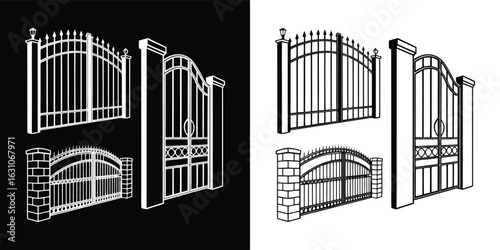 Collection of wrought iron gates and doors with decorative patterns, isolated on white background