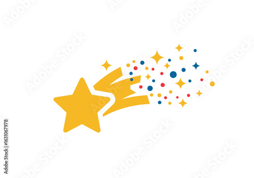 Golden shooting star with a sparkling confetti trail. A festive graphic illustration symbolizing celebration, success, and magic.