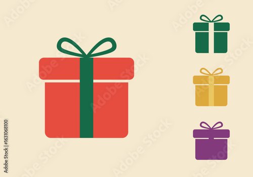 Colorful gift box icon set with ribbons for holiday and celebration designs. Flat vector illustration of presents for festive occasions.