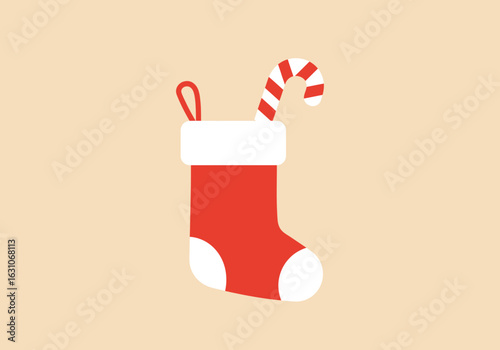 Illustration of a festive red Christmas stocking with a candy cane. Holiday symbol vector graphic on a simple background.