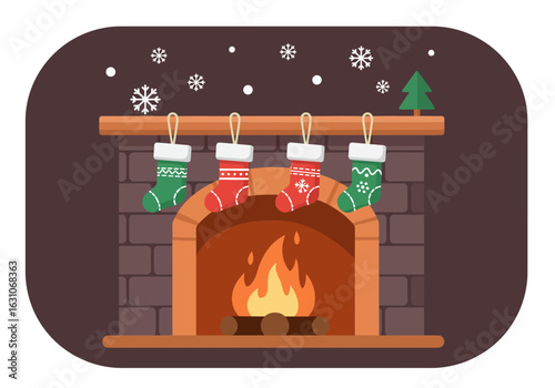 Festive holiday scene with Christmas stockings hanging over a warm, cozy fireplace. Illustration of a traditional winter celebration.