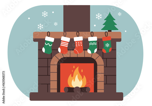 Cozy Christmas fireplace illustration with burning fire and hanging stockings. Winter holiday scene with snowflakes and festive decoration.