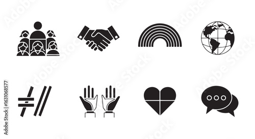 Set of social values and community support black glyph icons.