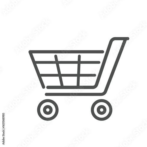 Gray Outline Icon of Shopping Cart with Wheels on a White Background for Design
