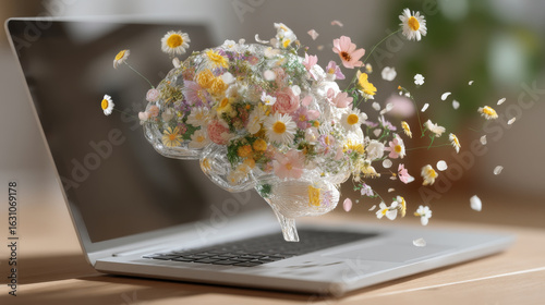 Transparent brain with blooming flowers emerging from laptop, symbolizing creativity